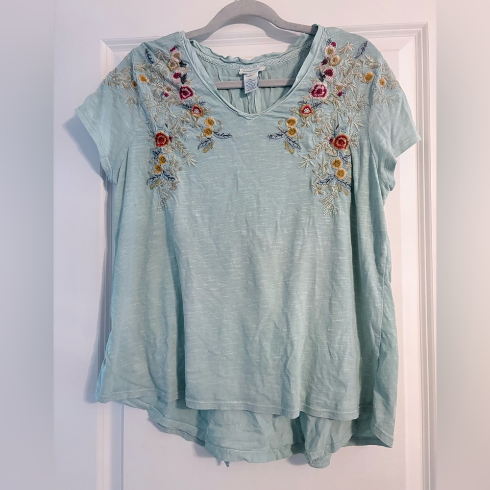 Sundance Light Aqua Short Sleeve Tee with Floral Embroidery